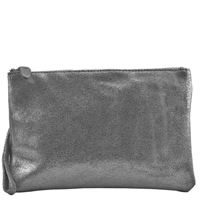 Malissa J (1g) Wrist Clutch Crossbody Shoulder Bag Pewter Metallic Leather