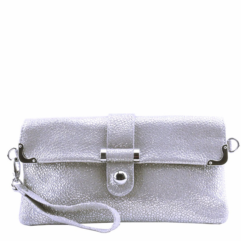 (a1) Malissa J Wrist Clutch Crossbody Shoulder Bag Light Silver Leather