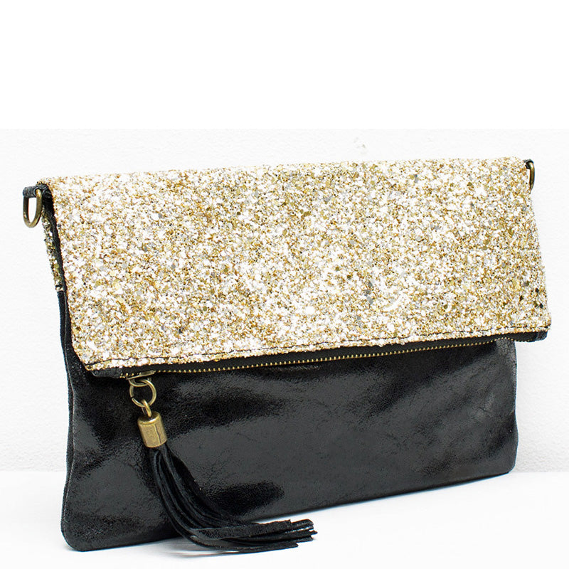 Your Bag Heaven (a) Gold Sparkle Fold Over Black Leather Clutch Crossbody Shoulder Bag