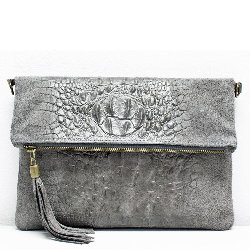 (a1) Your Bag Heaven Fold Over Grey Suede Leather Mix Clutch Crossbody Shoulder Bag