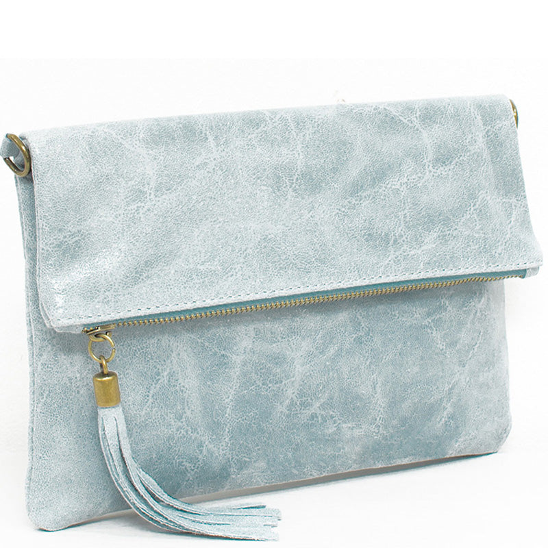 Your Bag Heaven (ac) Fold Over Blue Crackle Leather Clutch Crossbody Shoulder Bag