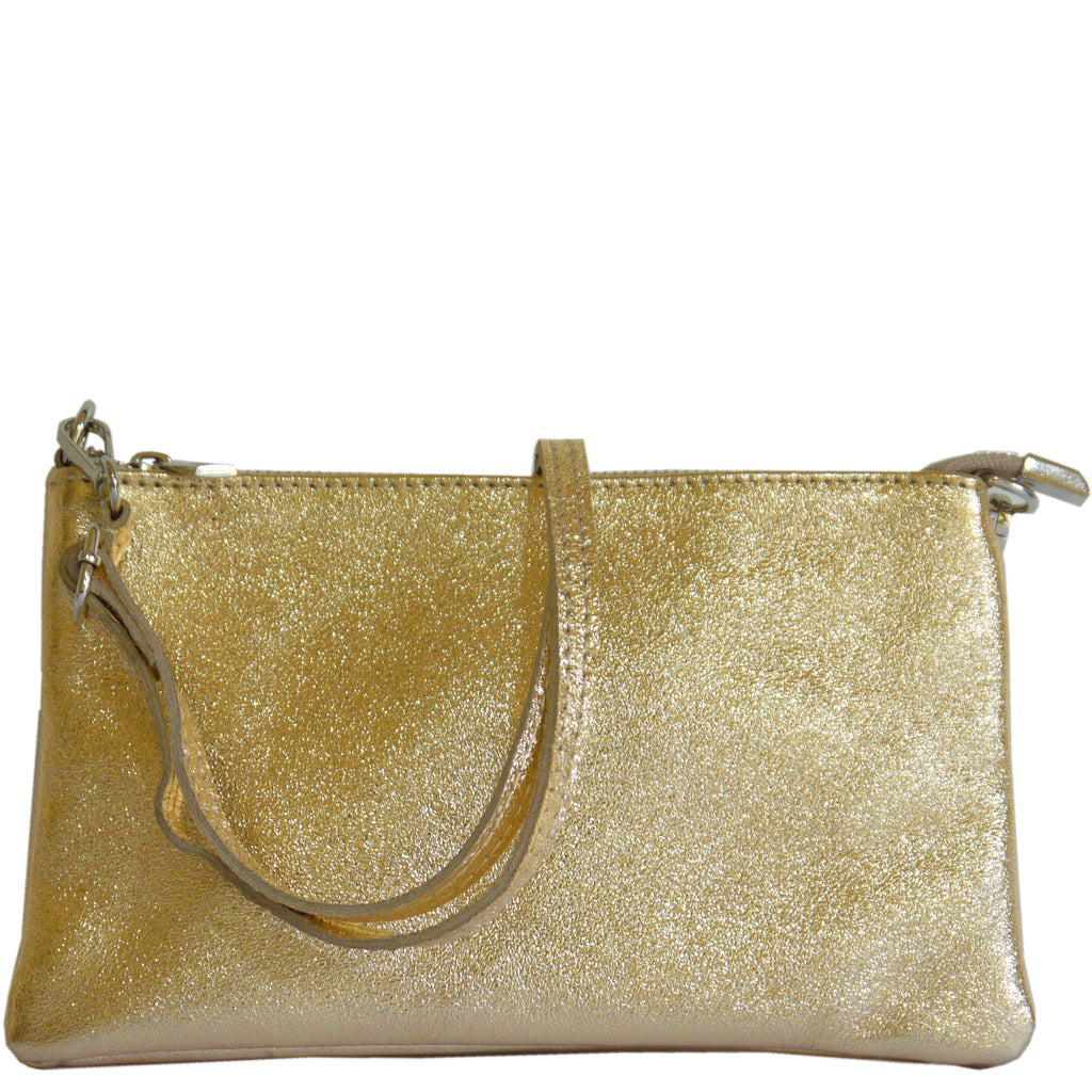 (a1a) Your Bag Heaven Metallic Gold Leather Clutch Crossbody Shoulder Bag