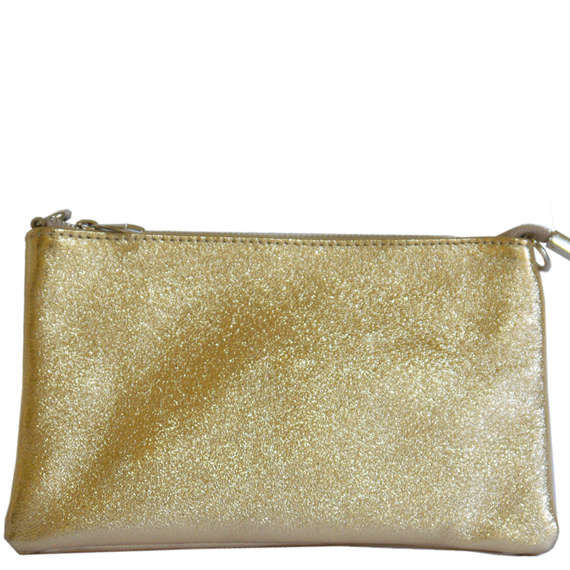 (a1a) Your Bag Heaven Metallic Gold Leather Clutch Crossbody Shoulder Bag