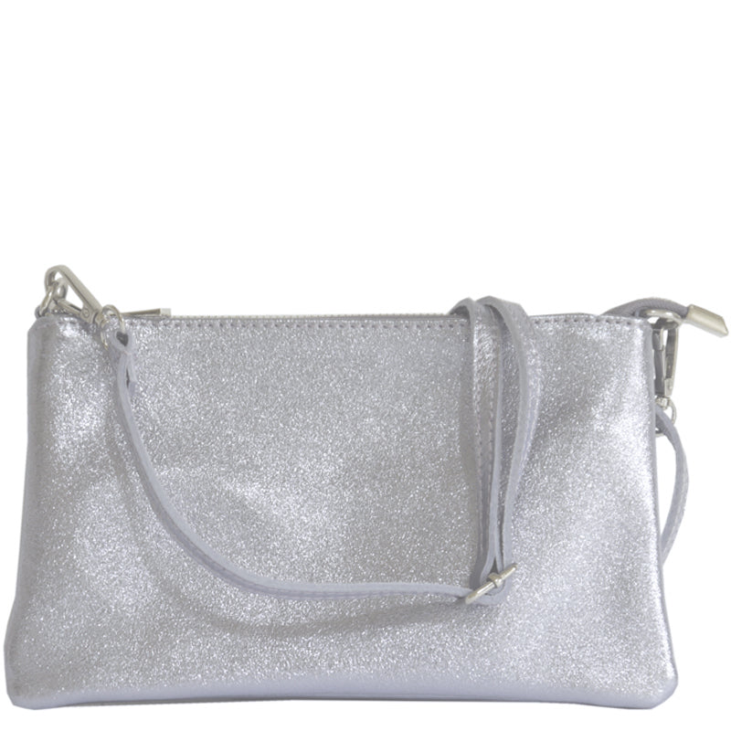 (a1a) Your Bag Heaven Metallic Silver Leather Clutch Crossbody Shoulder Bag